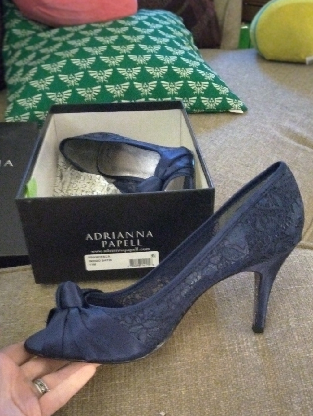 Adrianna Papell Navy Lace Peep-Toe Knot Heel Glitter Bottom